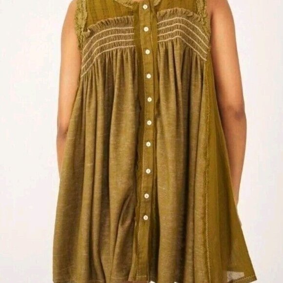 Free People Sea Breeze Smocked Tunic Sleeveless Green Womens XS EUC - Picture 3 of 7